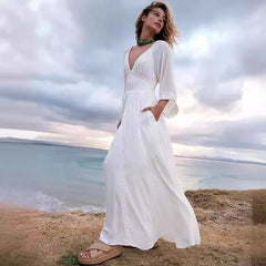 Boho-Kleid aus Polyester mit tiefem V-Ausschnitt und elastischem Bund