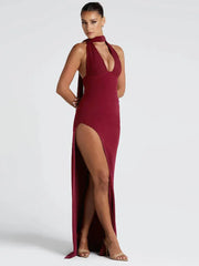 Neckholder-Maxikleid mit tiefem V-Ausschnitt und figurbetonter Passform