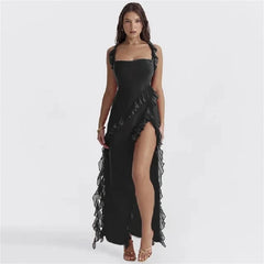 Rüschenkleid mit Schlitz, rot-schwarz, Party-Midikleid