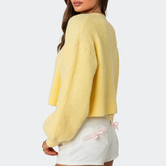 Kurzer Cardigan mit Knopfleiste, V-Ausschnitt und Laternenärmeln