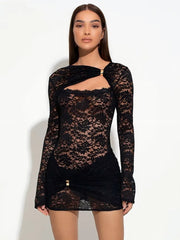 Schwarzes, durchsichtiges, gerafftes Bodycon-Kleid aus Spitze