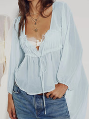 Damen-Chiffonbluse mit Rüschen und Spitze zum Binden