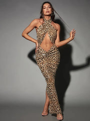 Leoparden-Halterkleid mit tiefem Schlitz