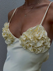 Gelbes Maxikleid aus Satin mit Blumenmuster