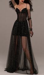 Schwarzes, trägerloses, drapiertes Tüll-Korsettkleid mit Strasssteinen