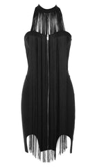 Schwarzes Midikleid mit Quasten-Halter- und Bandagenärmeln