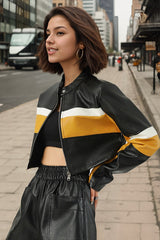 Sexy, kontrastfarbene Stehkragen-Jacke aus PU, schmal geschnitten, kurze Passform
