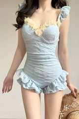 Cute Textured Tube Top Spliced Ruffled One Piece Swimwear