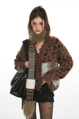 Strickjacke mit Leopardenmuster-Patchwork und V-Ausschnitt