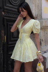 Eyelet Puff Sleeve Tie Front Mini Dress