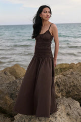 Solid Cotton Ruched Long Sleeveless Slip Dress