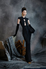 Schwarzes, figurbetontes Vintage-Abendkleid mit Mesh-Einsätzen