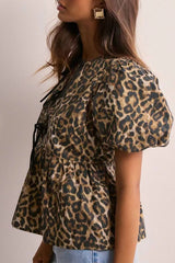 Schmale Bluse mit Leopardenmuster, taillierten Laternenärmeln