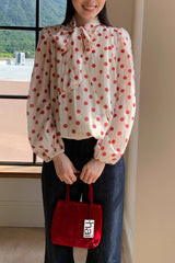 Süße Bluse mit Polka-Dots, Bindegürtel und langen Ärmeln