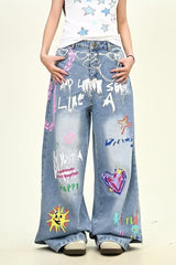 Oversized Washed Star Embroidered Straight Leg Jeans