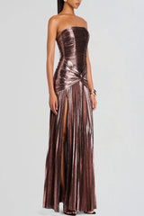 Metallic Ruched Slit Strapless Sleeveless Party Dress