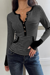 Striped Henley Neck Waist Tie T Shirt