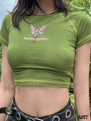 Amy - Butterfly Graphic Green Short Sleeve Vintage Tee Crop Top