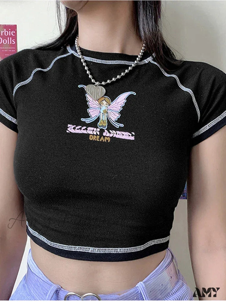 Amy - Butterfly Graphic Green Short Sleeve Vintage Tee Crop Top