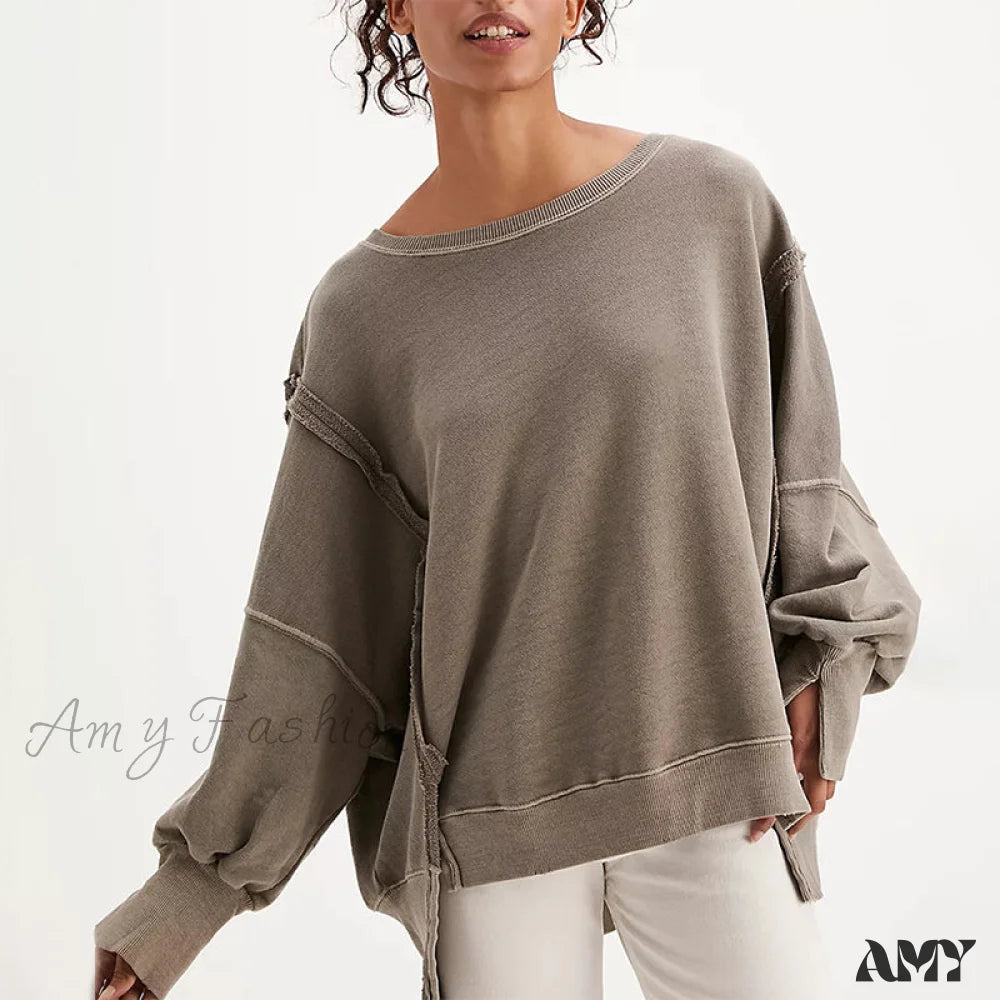 Amy Fashion - 100% Cotton Long Sleeve Pullover Sweatshirts Khaki / One Size