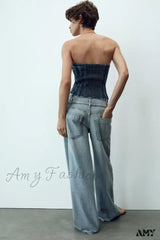 Amy Fashion - 2024 Female Patchwork Denim Pant High Waist Vintage Women Casual Street Slim Wide Leg