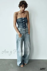 Amy Fashion - 2024 Female Patchwork Denim Pant High Waist Vintage Women Casual Street Slim Wide Leg