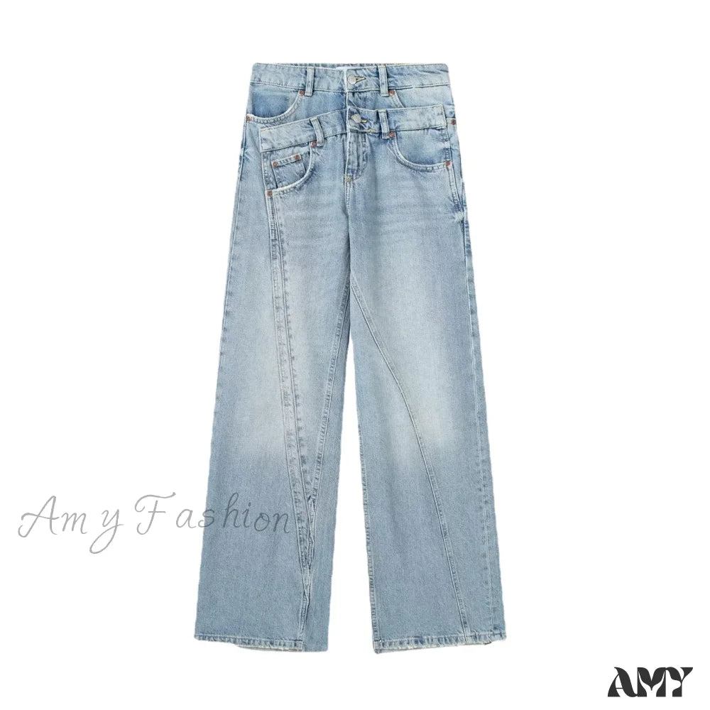 Amy Fashion - 2024 Female Patchwork Denim Pant High Waist Vintage Women Casual Street Slim Wide Leg