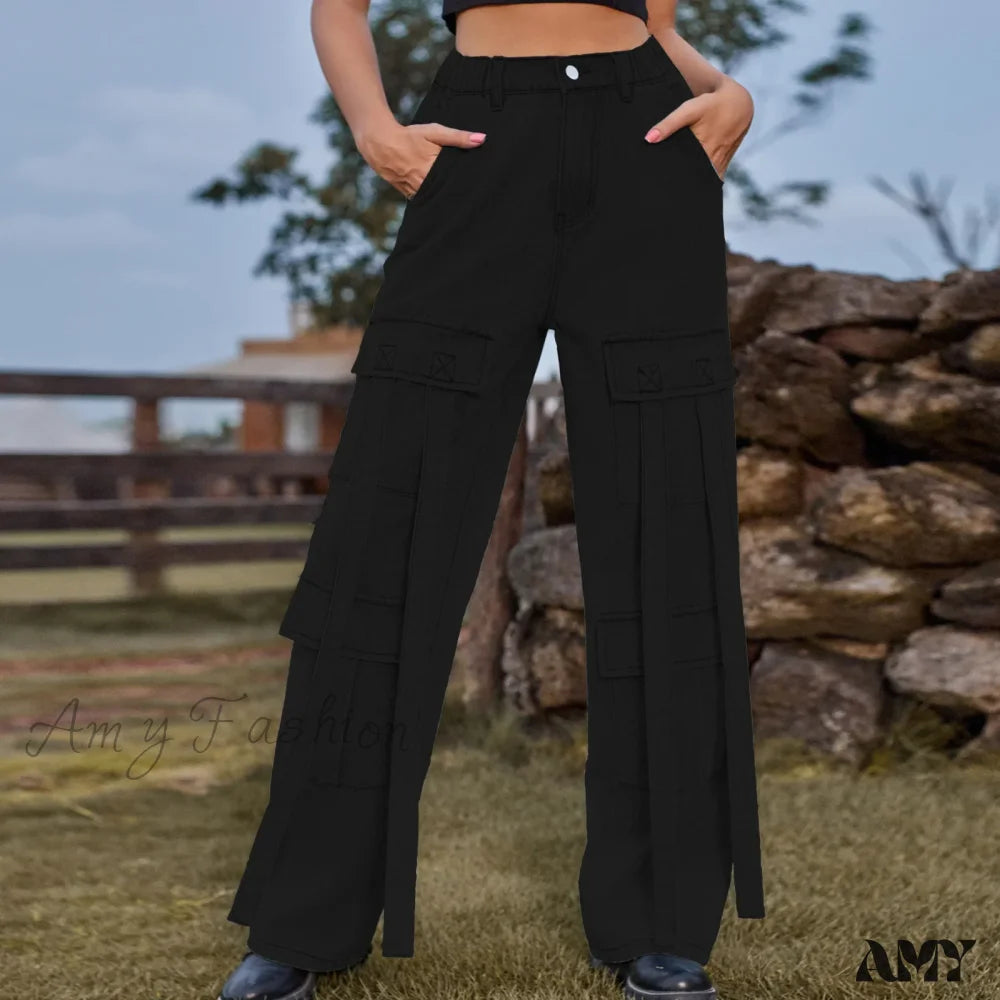 Amy Fashion - 90S Streetwear Blue Cargo Casual Big Pockets Overalls High Waist Straight Denim Jean