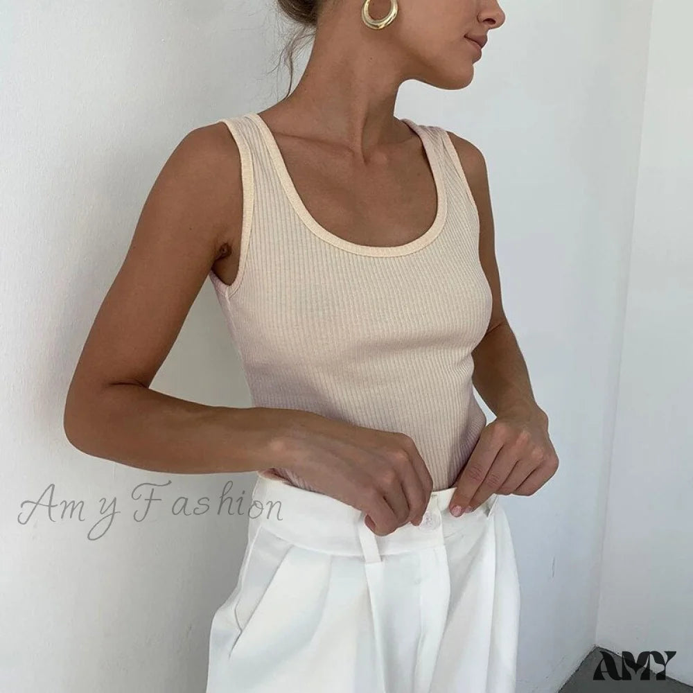 Amy Fashion - Basic Ribbed Knitted Tank Top Apricot / Xs