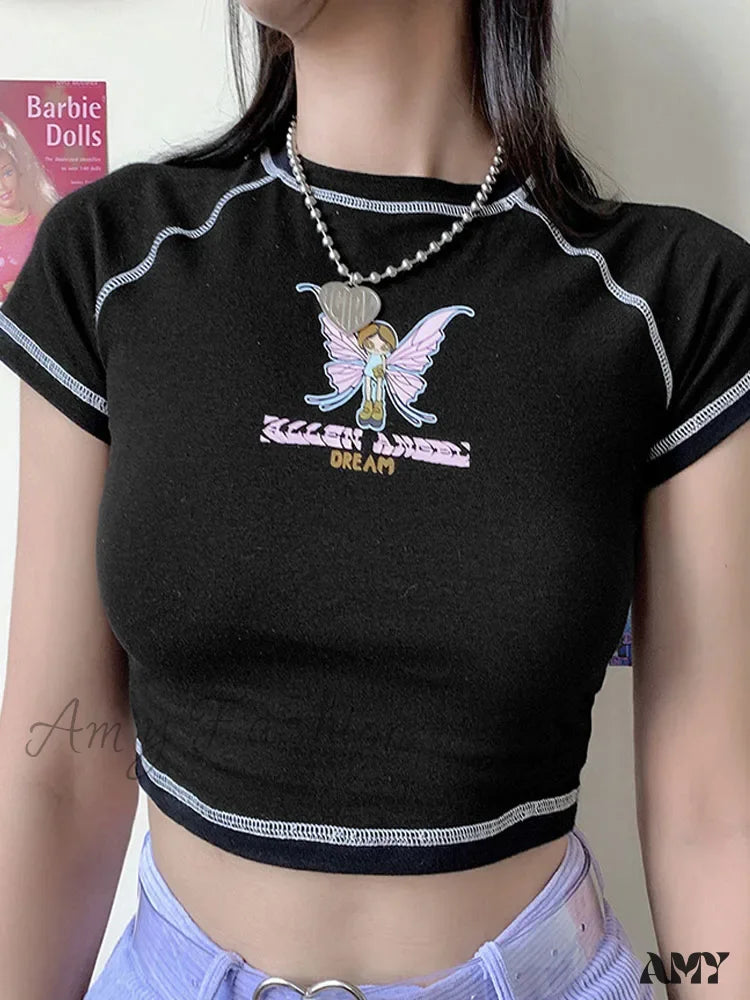 Amy Fashion - Butterfly Graphic Green Short Sleeve Vintage Tee Crop Top