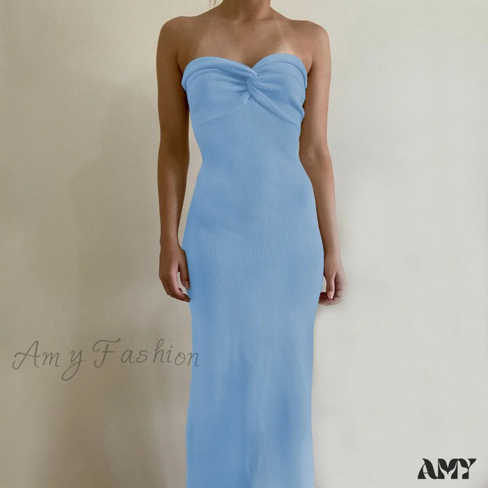 Amy Fashion - Casual Cotton Knitted Dresses Lh0567 Blue / S Check Size Table