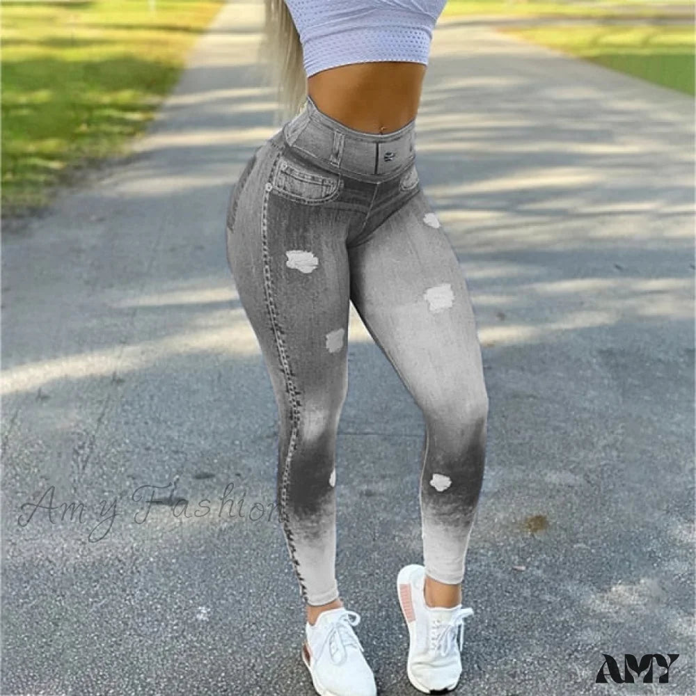 Amy Fashion - Casual Denim Trousers Pencil Skinny Pants Gray / S