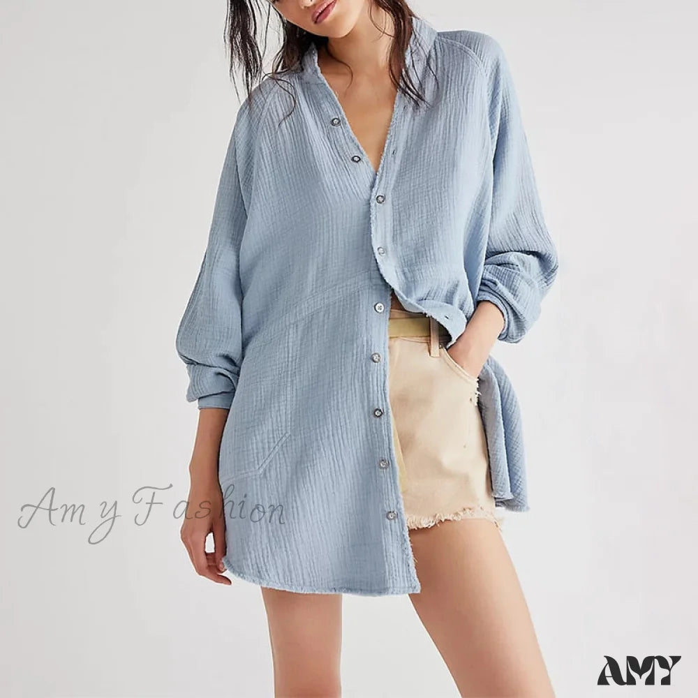 Amy Fashion - Casual Loose 100% Cotton Gauze Shirts Blue / One Size