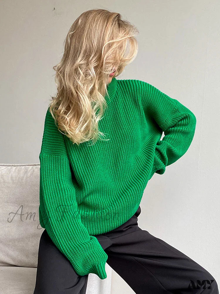 Amy Fashion - Chic O-Neck Elegant Knitted Sweater Pullovers Green / S