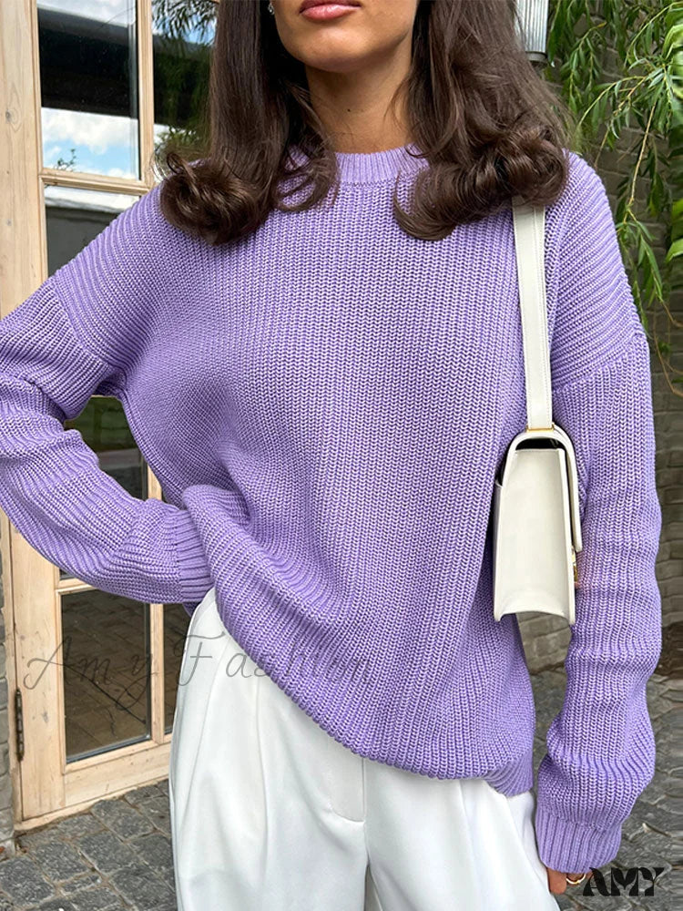Amy Fashion - Chic O-Neck Elegant Knitted Sweater Pullovers Purple / S