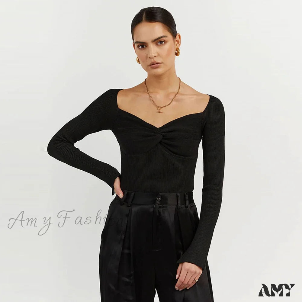 Amy Fashion - Chic Square Collar Short Sweaters Pullover Black / S