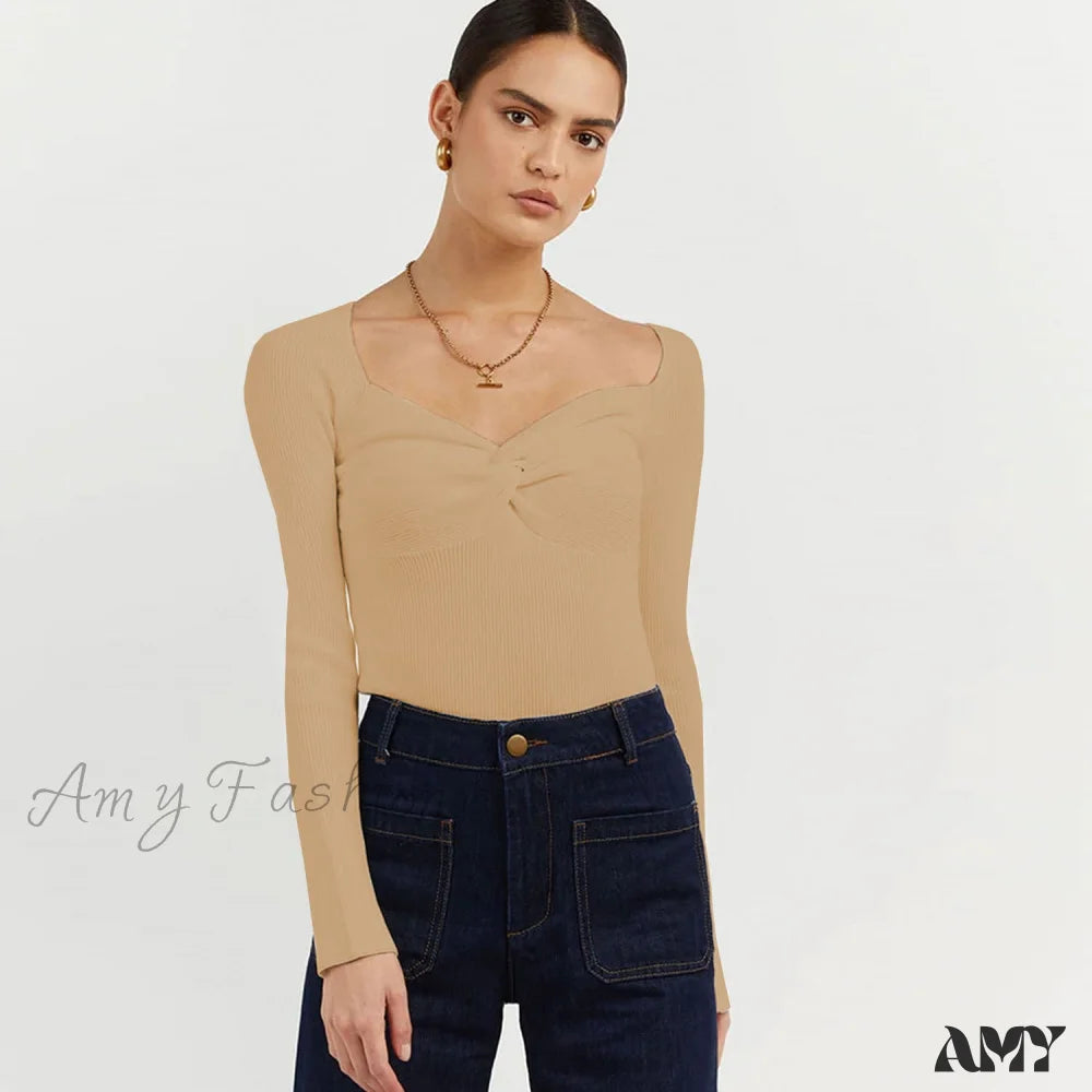 Amy Fashion - Chic Square Collar Short Sweaters Pullover Khaki / S