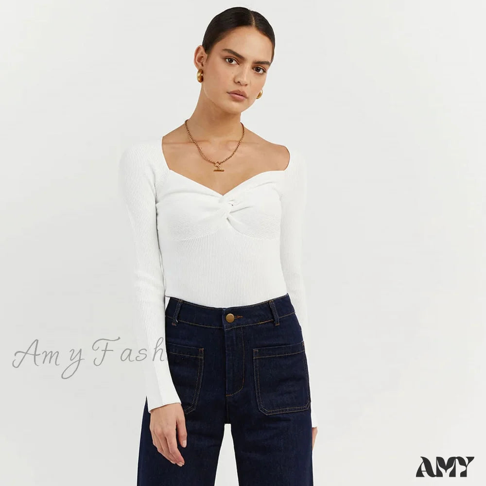 Amy Fashion - Chic Square Collar Short Sweaters Pullover White / S