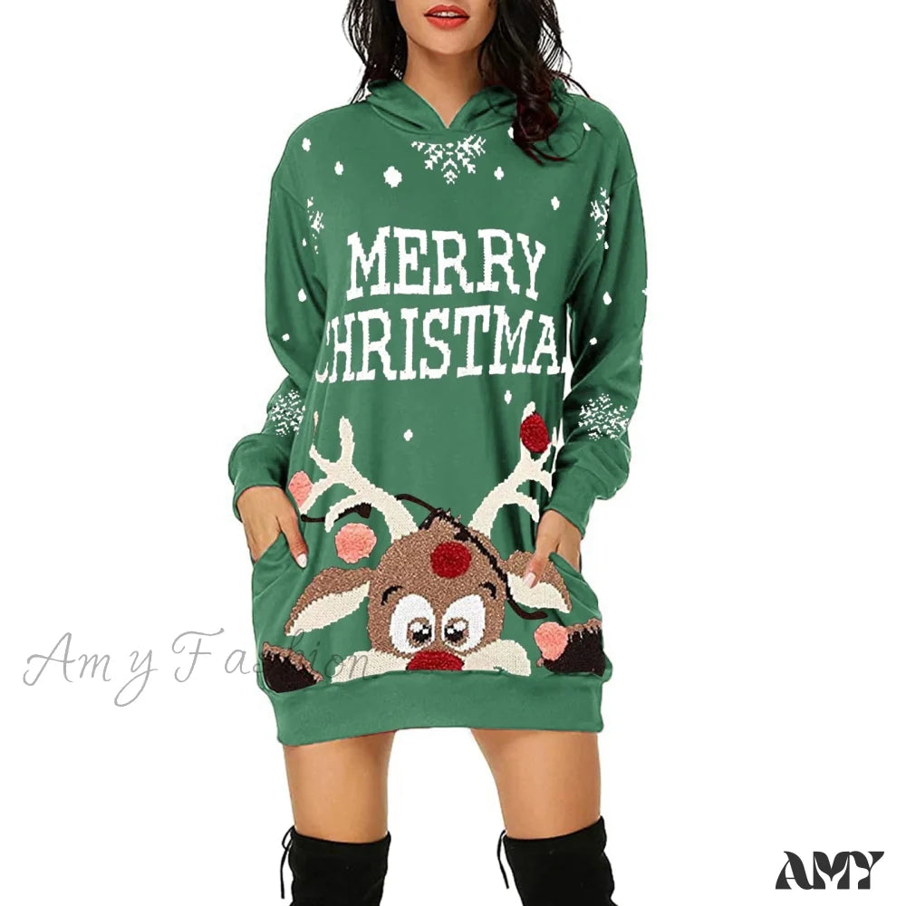 Amy Fashion - Christmas Hoodie Bag Hip Pocket Elk Sweater Dress Green / S