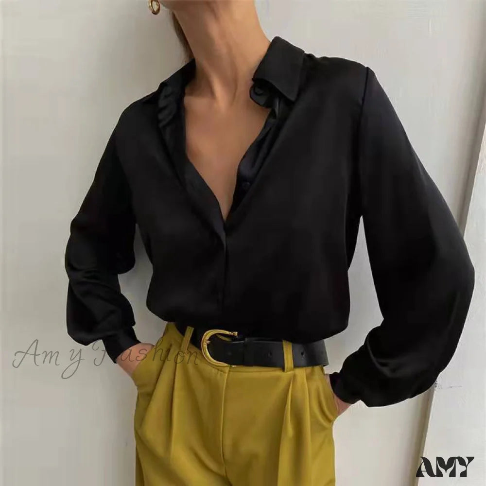 Amy Fashion - Elegant Long Sleeve Green Silk Blouse Black / S