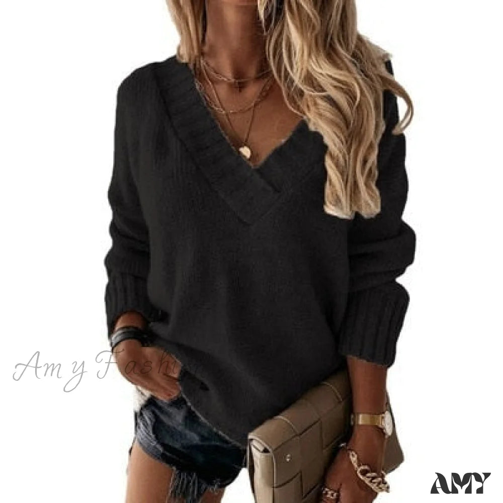 Amy Fashion - Elegant Loose Thick Long Sleeve Female Sweaters Black / S