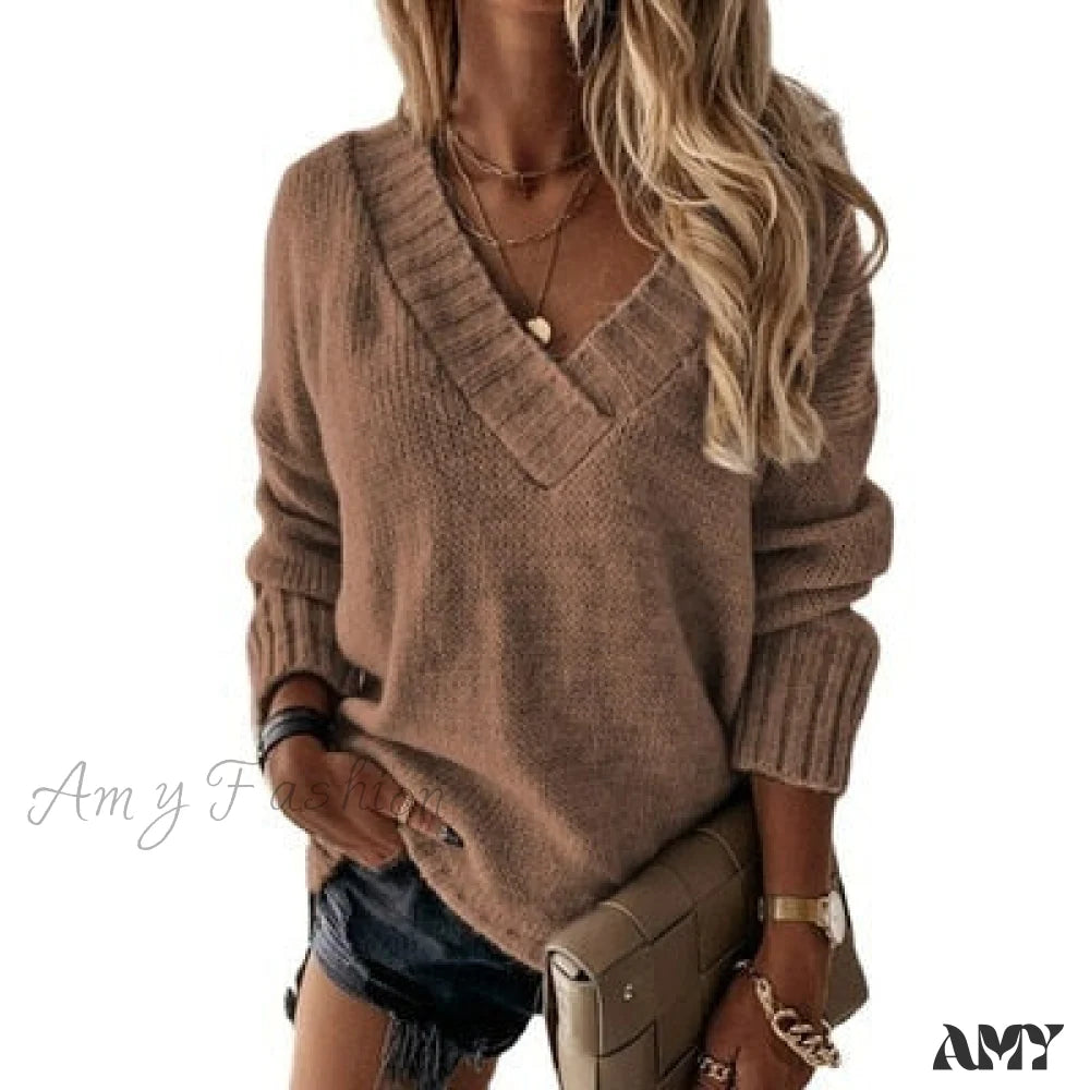 Amy Fashion - Elegant Loose Thick Long Sleeve Female Sweaters Coffee / S