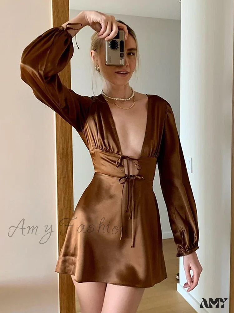 Amy Fashion - Elegant Puff Long Sleeve Slim Dresses Light Brown / S