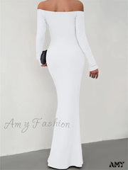 Amy Fashion - Elegant Women Sleeve Trumpet Solid Slash Neck Off-Shoulder Party Beach Cocktail Club