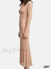 Amy Fashion - Elegant Women Spring Autumn Party See Through Sleeve Square Neck Lace Floral Slim Fit