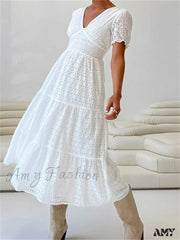 Amy Fashion - Elegant Women Summer Short Sleeve A-Line Solid V-Neck Lace Floral Backless Tie-Up