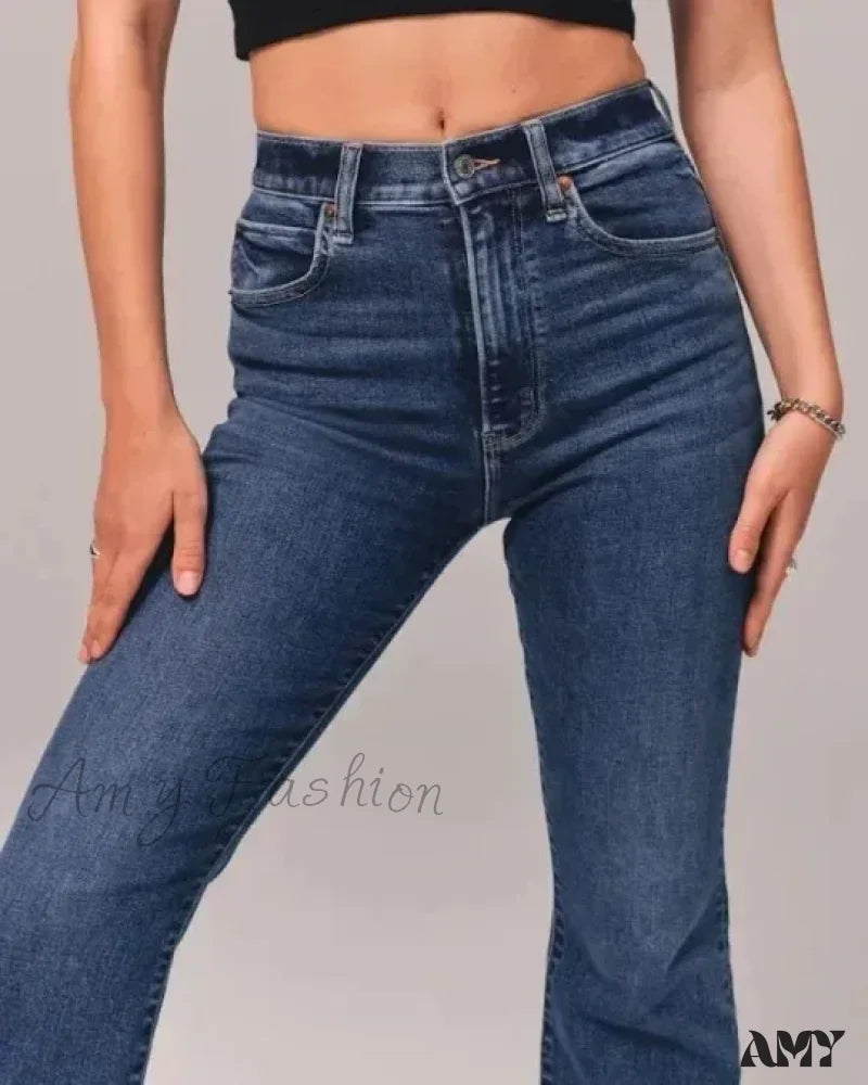 Amy Fashion - Flare Vintage Ladies Stretch Pocket Plus Size Wide Denim Jean
