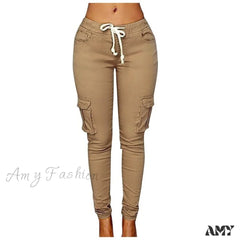 Amy Fashion - High Waist Elastic Joggers Lace-Up Trousers Khaki / Xl
