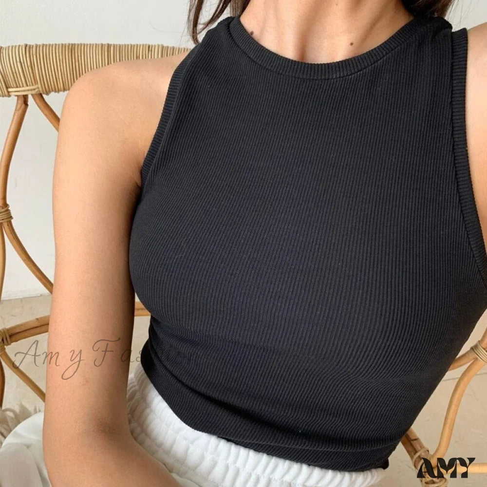Amy Fashion - Knitted Ribbed Solid Vest Black / M