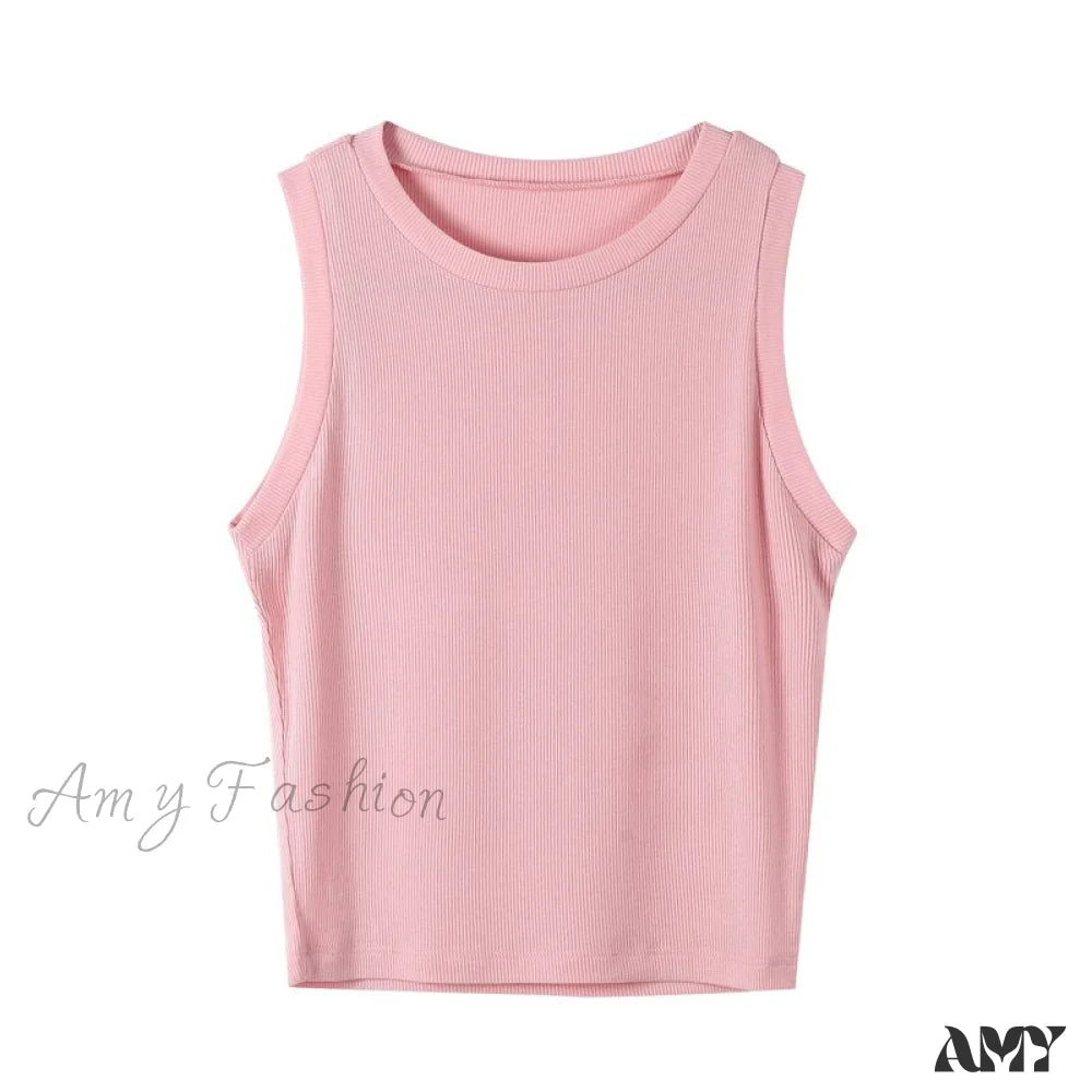 Amy Fashion - Knitted Ribbed Solid Vest Pink / M